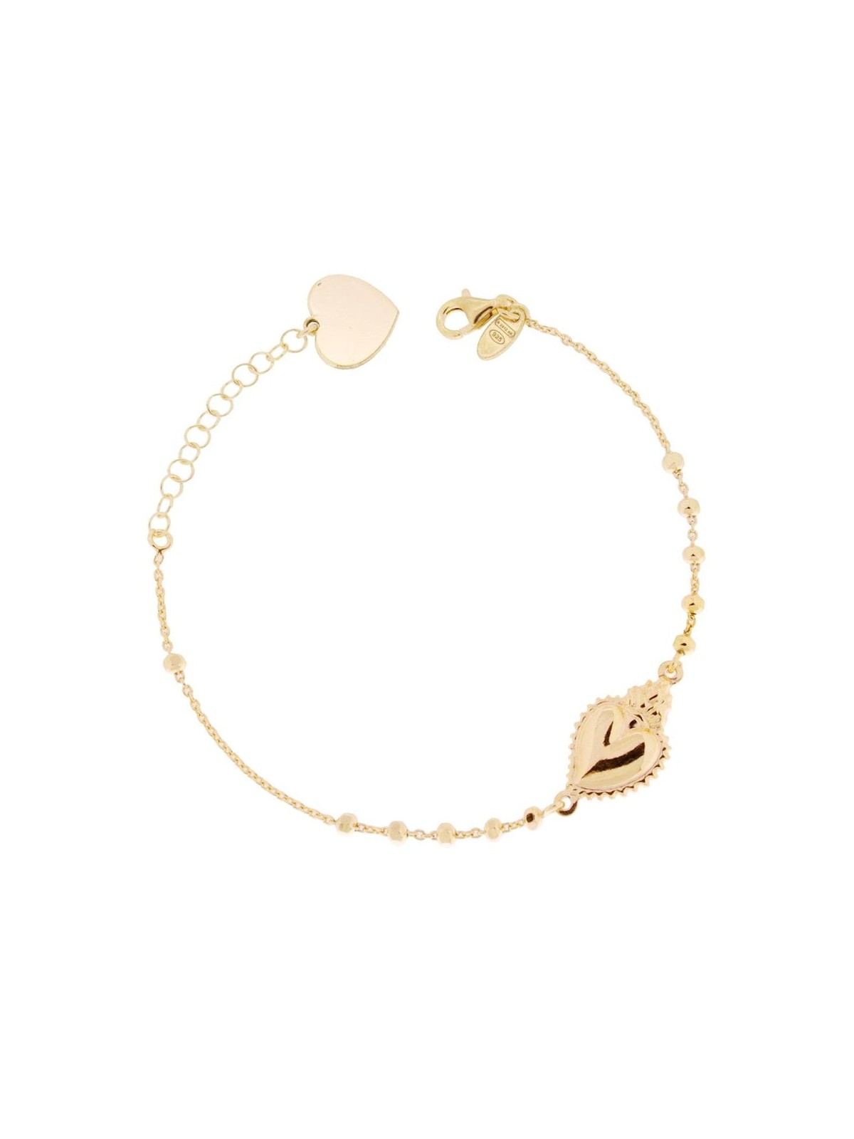 Bracciale Cuore Votivo cm 15+3 con Palline Diamantate mm 2.5 con Cuore Plain in ARGENTO 925 Galvanica Oro
