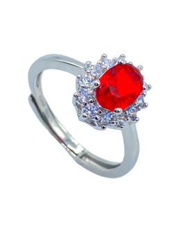 Anello ovale con zircone rosso rubino contornato da zirconi bianchi in argento 925