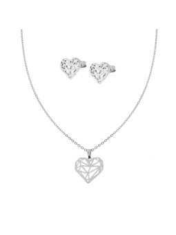 Parure Orecchini e Collana Catena Forzatina Diamantata Cuore Diamante in ACCIAIO