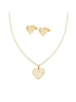 Parure Orecchini e Collana Catena Forzatina Diamantata Cuore Diamante in ACCIAIO colore Oro