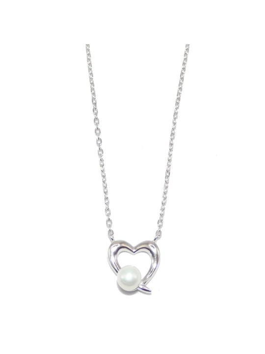 Collana Catena Forzatina Diamantata con Cuore e Perla in ARGENTO 925