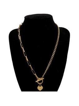 Collana asimmetrica catena grumetta e forzatina allungata con cuore plain pendente in acciaio colore oro