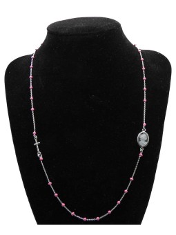 Collana Rosario Girocollo cm 50 con Grani Perline Smalto Rosa e Cammeo in ARGENTO 925