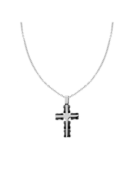 Collana Uomo Catena Forzatina Diamantata con Croce bicolore laccata Nera in ACCIAIO