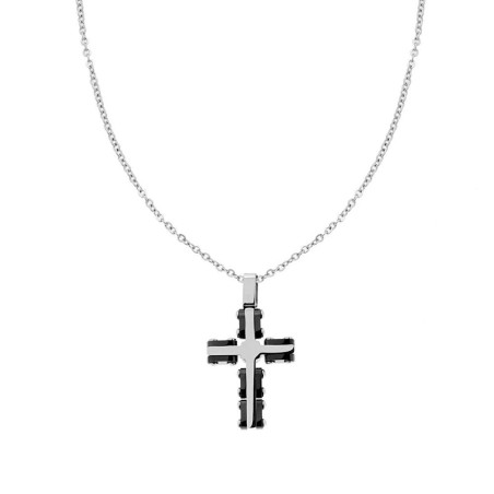 Collana Uomo Catena Forzatina Diamantata con Croce bicolore laccata Nera in ACCIAIO
