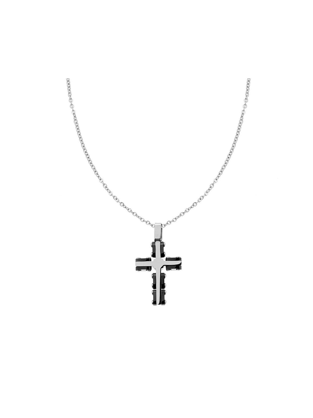 Collana Uomo Catena Forzatina Diamantata con Croce bicolore laccata Nera in ACCIAIO