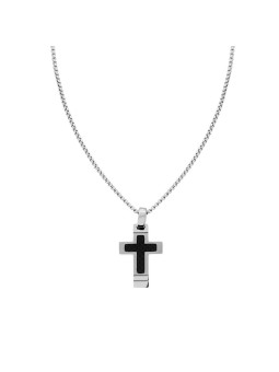 Collana Uomo Catena Veneziana Tonda con Croce con effetto Fibra di Carbonio in ACCIAIO