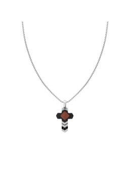 Collana Uomo Catena Veneziana tonda con Croce bicolore colore Nero con Zirconi Neri e Legno in ACCIAIO