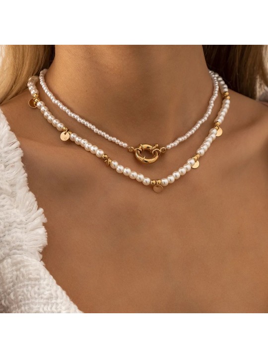 Collana da Donna Doppio Strato con Perle Sintetiche e Dettagli Dorati