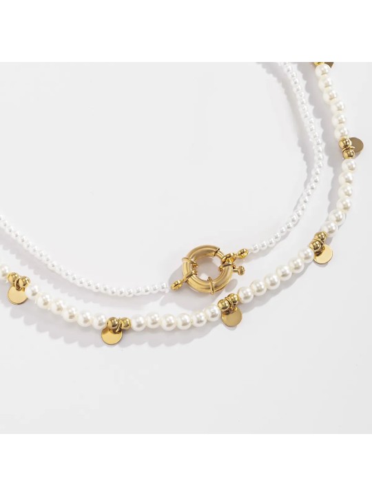 Collana da Donna Doppio Strato con Perle Sintetiche e Dettagli Dorati