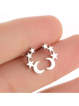 Orecchini a bottone in acciaio a forma di stella e luna
