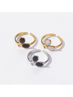 Anello aperto in acciaio con ovali di smalto lucido stile geometrico
