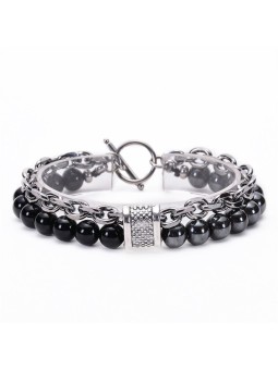 Bracciale unisex 2 strati in acciaio inossidabile e pietre naturali