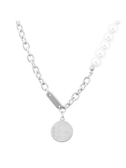 Collana da donna in lega placcata con perle bianche e pendente medaglia