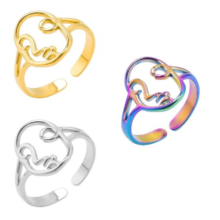 Anello Aperto in Acciaio Placcato con Volto di Donna Stile Semplice