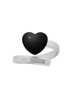 Anello Aperto Cuore Smalto Nero in Argento 925 Galvanica Rodio