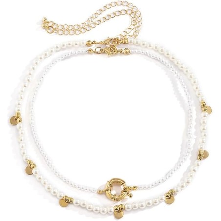 Collana da Donna Doppio Strato con Perle Sintetiche e Dettagli Dorati