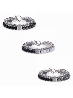 Bracciale Unisex 2 Strati in Acciaio Inossidabile e Pietre Naturali
