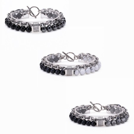 Bracciale Unisex 2 Strati in Acciaio Inossidabile e Pietre Naturali