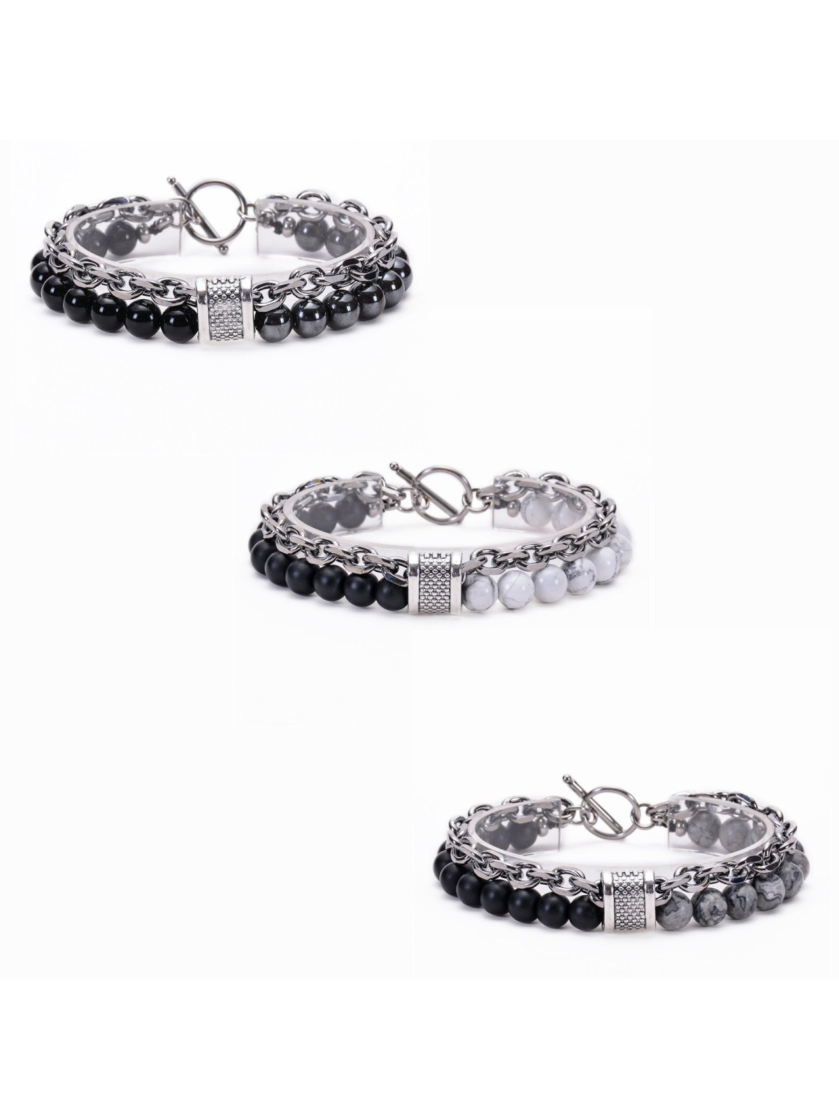 Bracciale Unisex 2 Strati in Acciaio Inossidabile e Pietre Naturali