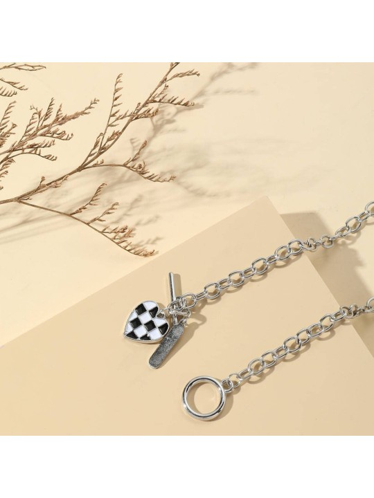 Collana da Donna in Lega Placcata con Pendente Cuore Stile Scacchiera