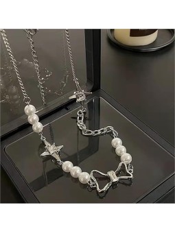 Collana da Donna in Lega Placcata con Perle Bianche e Fiocco