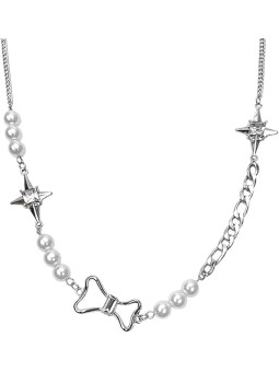 Collana da Donna in Lega Placcata con Perle Bianche e Fiocco