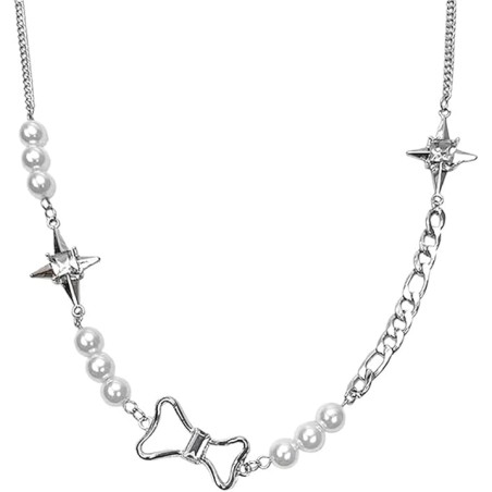 Collana da Donna in Lega Placcata con Perle Bianche e Fiocco