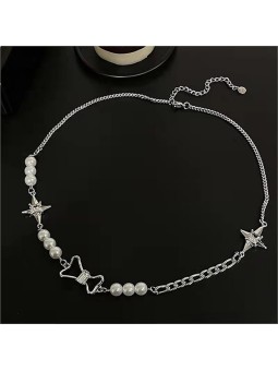 Collana da Donna in Lega Placcata con Perle Bianche e Fiocco