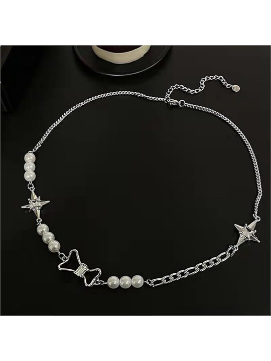 Collana da Donna in Lega Placcata con Perle Bianche e Fiocco