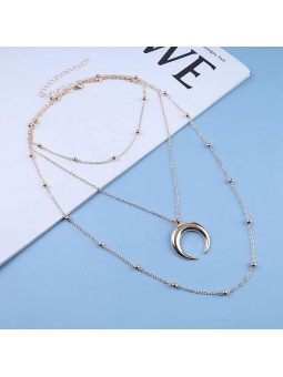 Collana Lunga con Catena e Perline a Tre Strati e Ciondolo Mezza Luna