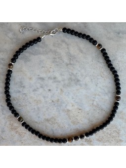 Collana da Uomo in Acciaio con Perline Nere e Ambra Artificiale