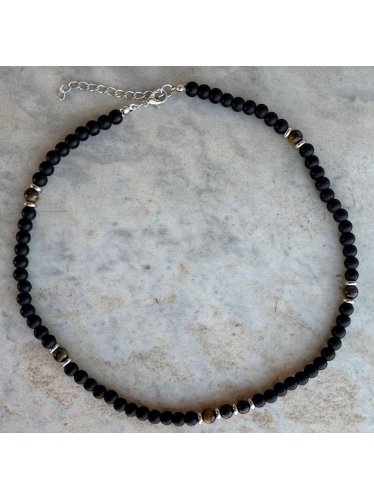 Collana da Uomo in Acciaio con Perline Nere e Ambra Artificiale