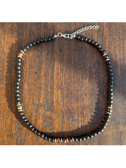 Collana da Uomo in Acciaio con Perline Nere e Ambra Artificiale