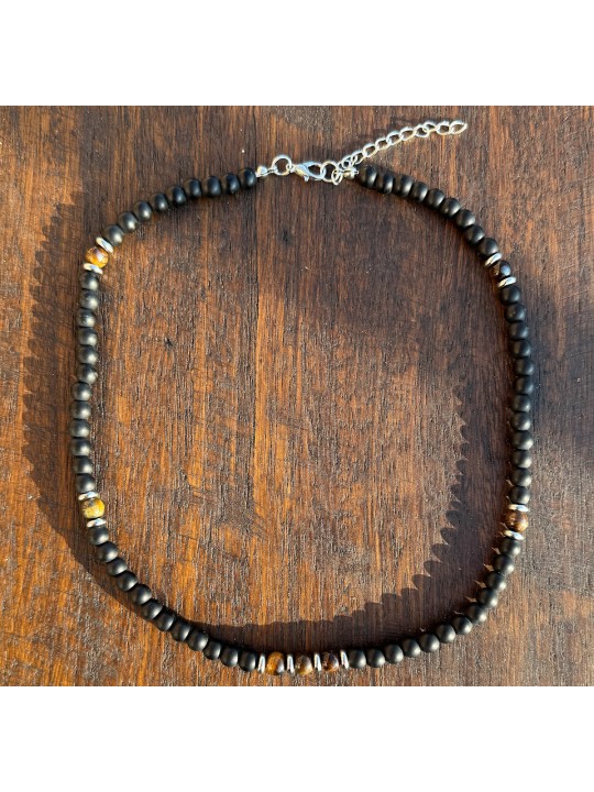 Collana da Uomo in Acciaio con Perline Nere e Ambra Artificiale