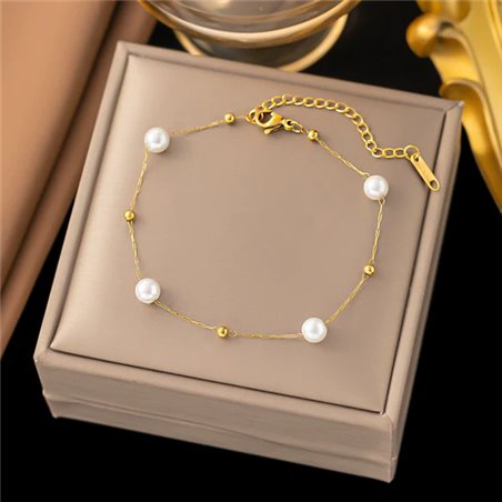 Bracciale donna titanio dorato con perle artificiali e sfere, regolabile