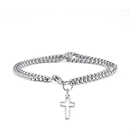 Bracciale uomo in acciaio doppia catena con ciondolo a croce