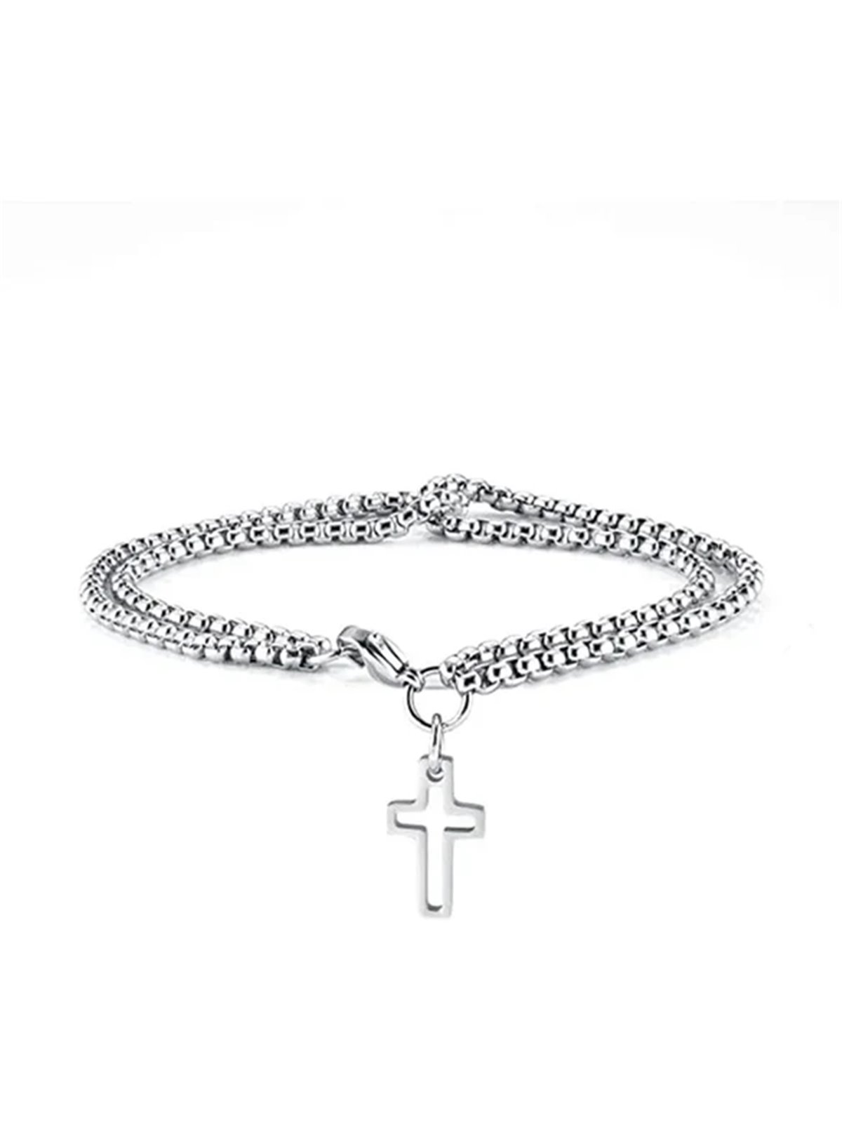 Bracciale uomo in acciaio doppia catena con ciondolo a croce