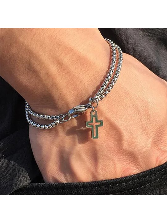 Bracciale uomo in acciaio doppia catena con ciondolo a croce