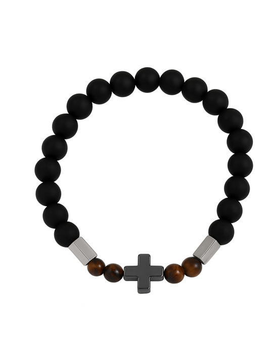 Bracciale uomo titanio con croce, perle nere opache effetto legno