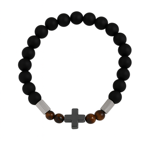 Bracciale uomo titanio con croce, perle nere opache effetto legno