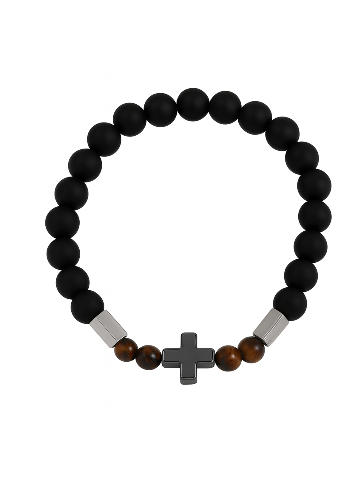 Bracciale uomo titanio con croce, perle nere opache effetto legno