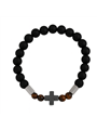 Bracciale uomo titanio con croce, perle nere opache effetto legno