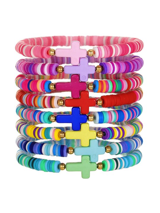 Braccialetti boho chic in perline heishi multicolore con croce