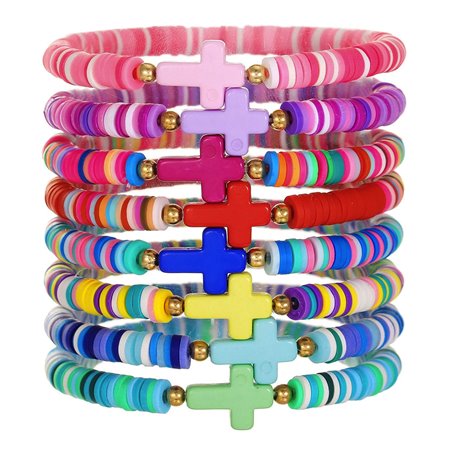Braccialetti boho chic in perline heishi multicolore con croce