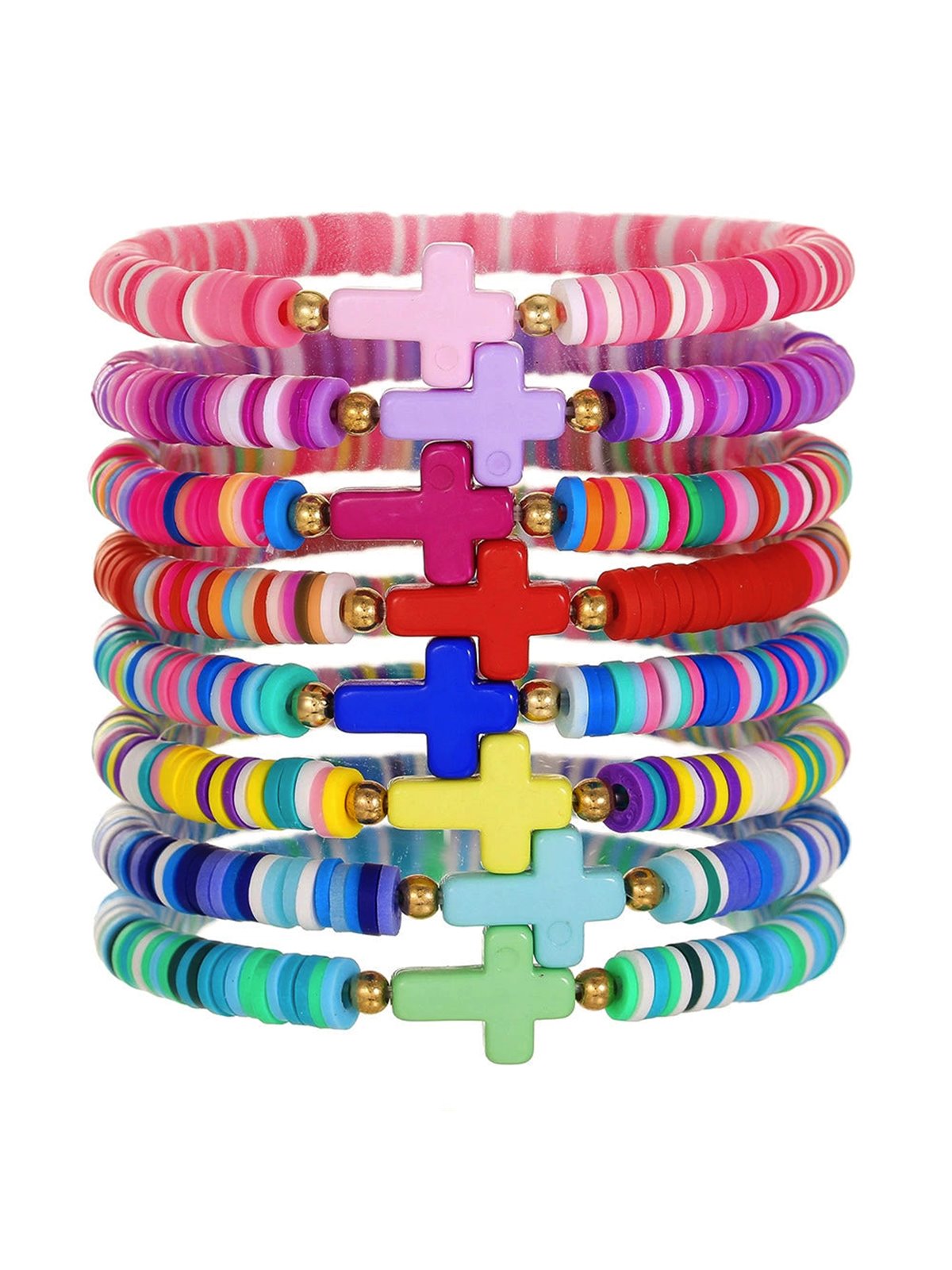 Braccialetti boho chic in perline heishi multicolore con croce