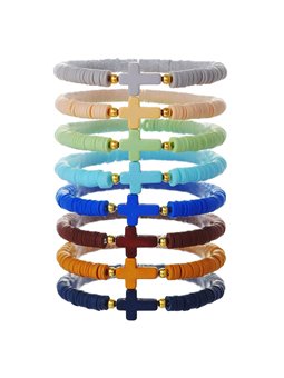 Braccialetti monocromatici heishi con sfere dorate e croce colorata