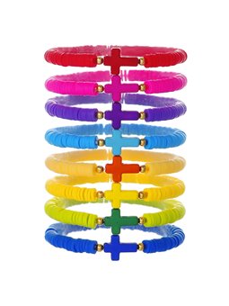 Braccialetti monocromatici heishi con sfere dorate e croce colorata
