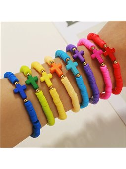 Braccialetti monocromatici heishi con sfere dorate e croce colorata