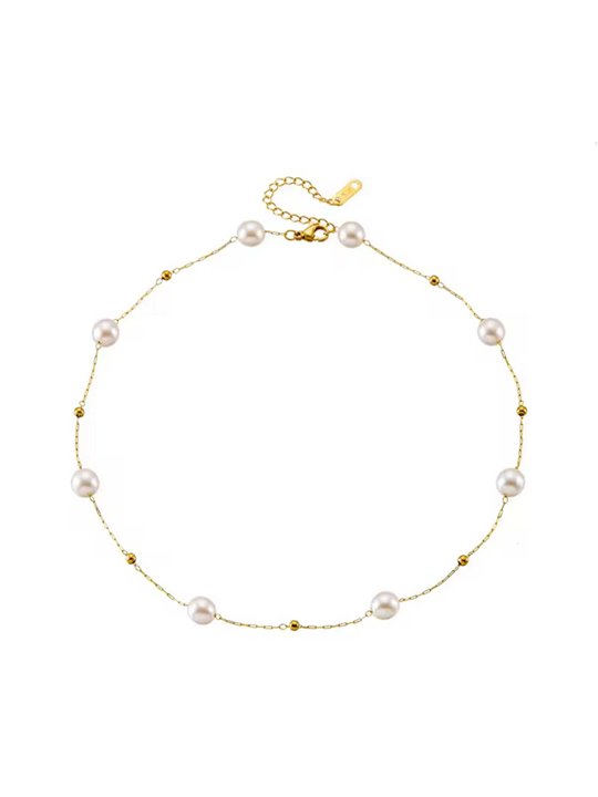 Collana donna titanio dorato con perle artificiali e sfere, regolabile